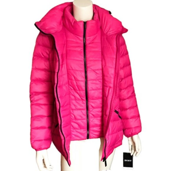 NWT DKNY Premium Down Blend Hooded Puffer Jacket Pink XL - Picture 2 of 15